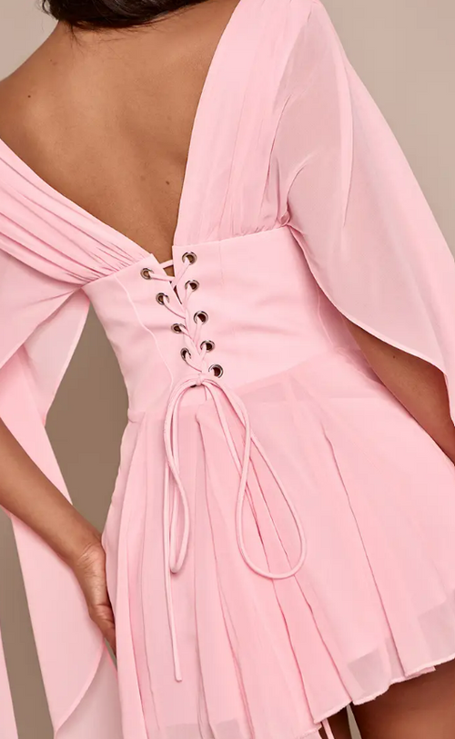 Small Baby Pink Godet Mini Dress with Corset Waist and Chiffon Drape Sleeves