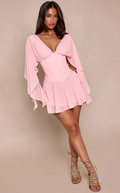 Small Baby Pink Godet Mini Dress with Corset Waist and Chiffon Drape Sleeves